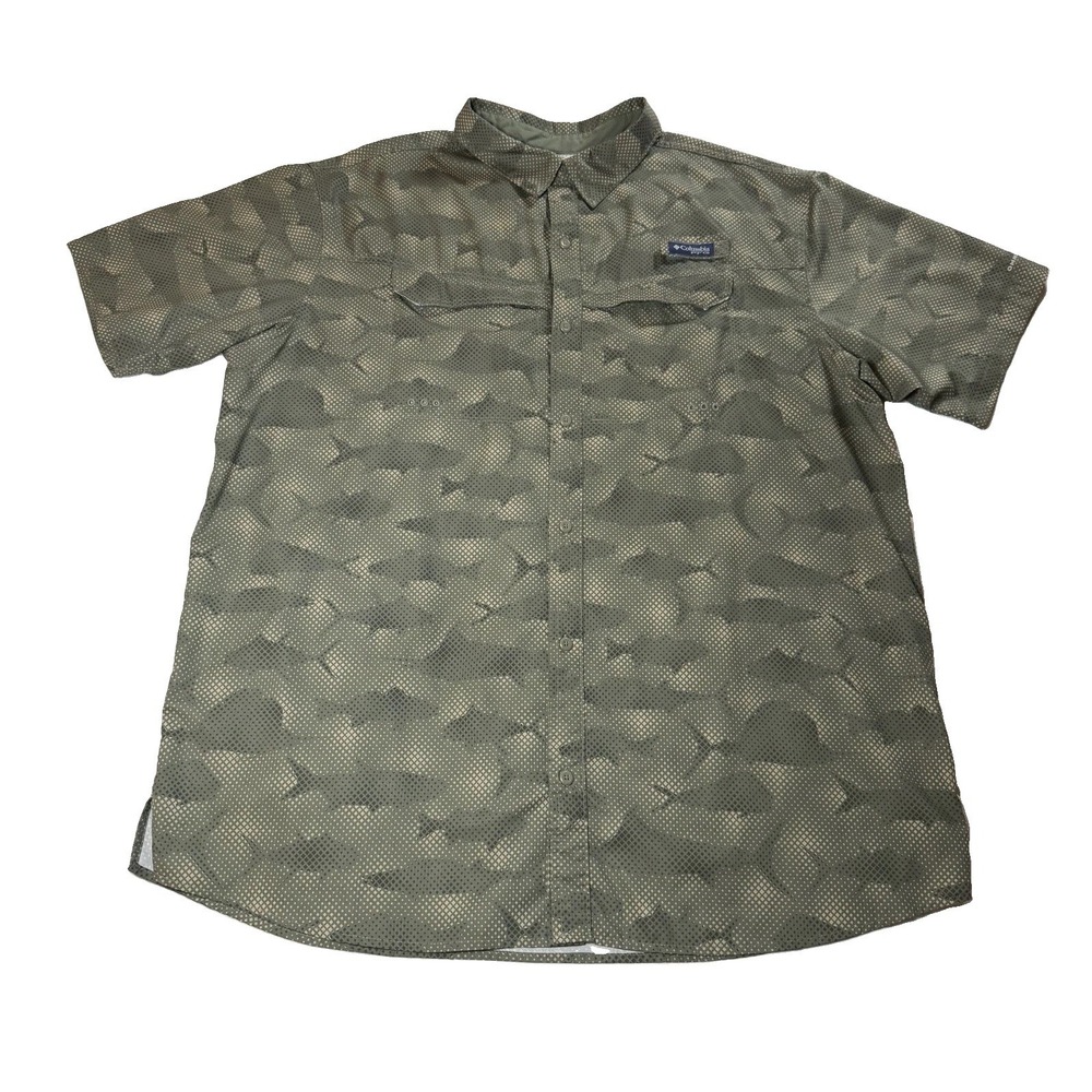 Columbia Sportswear PFG Vented Fishing Button Up Shirt Olive Camo Men's XXL